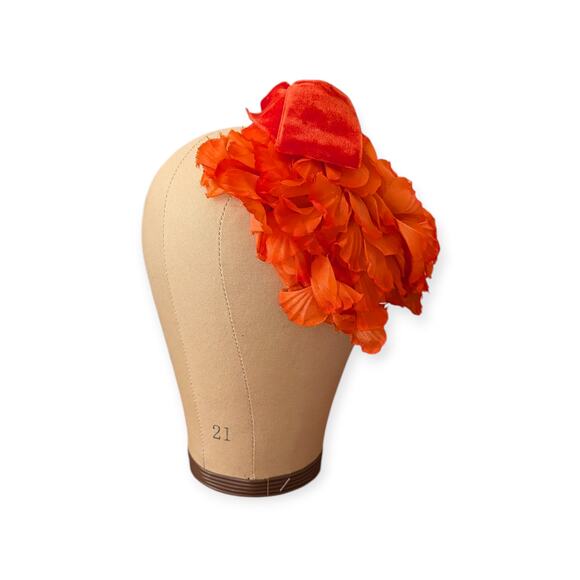 Vintage Velvet & Silk Flower Caged Half Hat ~ Bright Orange Bridal Formal Bow - Picture 10 of 11